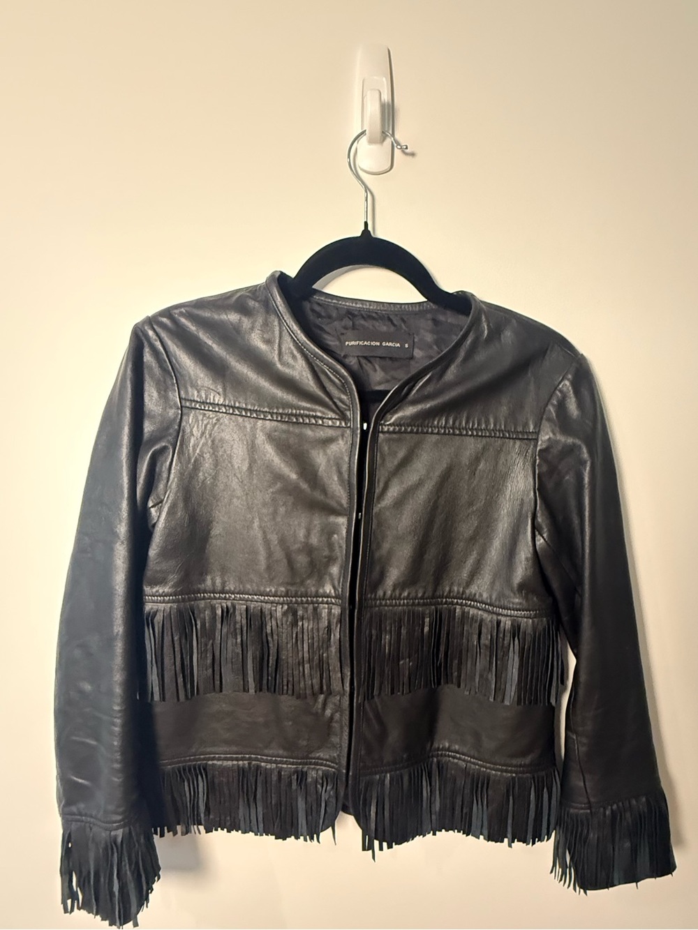 Purificación García Black Leather Fringe Jacket Western Boho Snap Front S